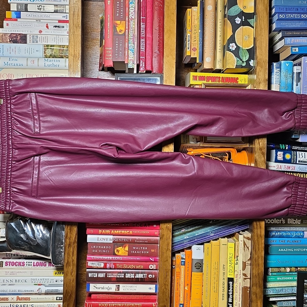 Express Burgandy Faux Leather Joggers, Size M - Picture 3 of 11